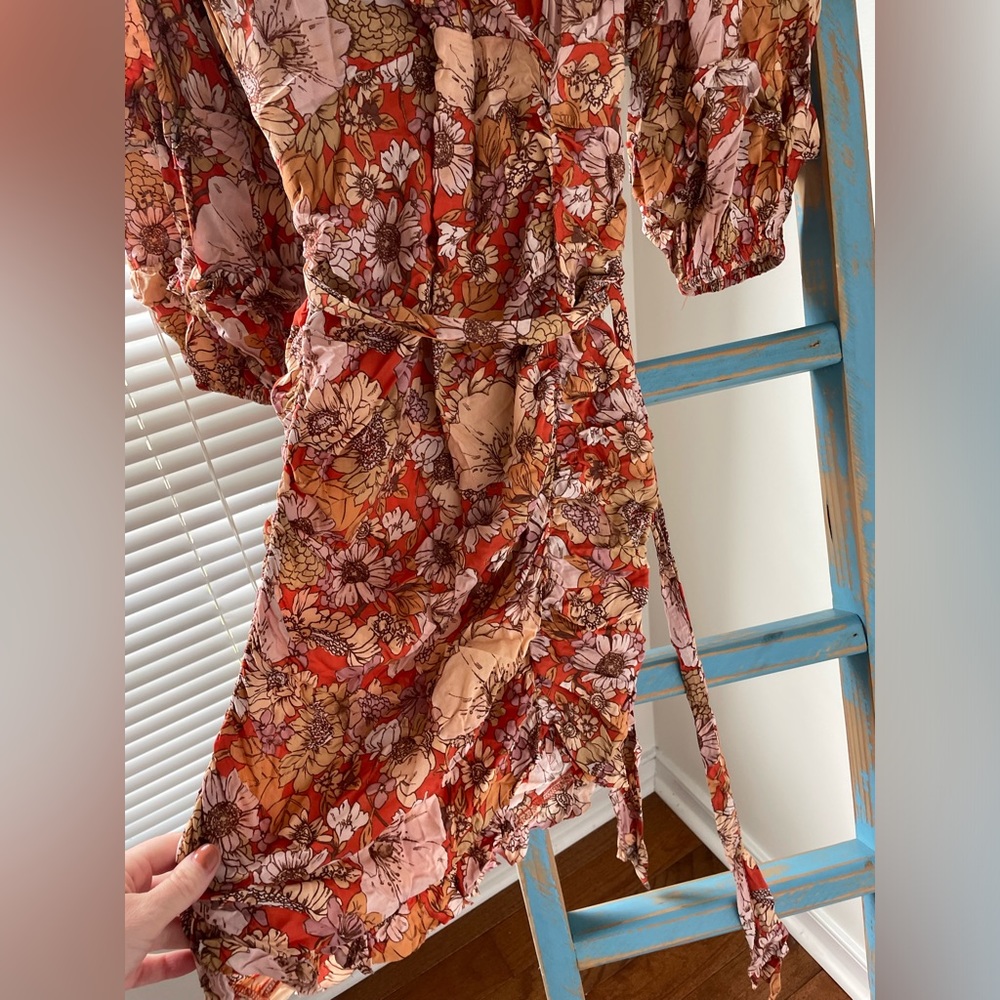 Free People Floral Wrap Mini Dress in Rust and Pink - Picture 3 of 6